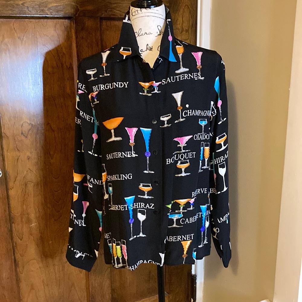 Boutique silk blouse with wine motif. Size Medium